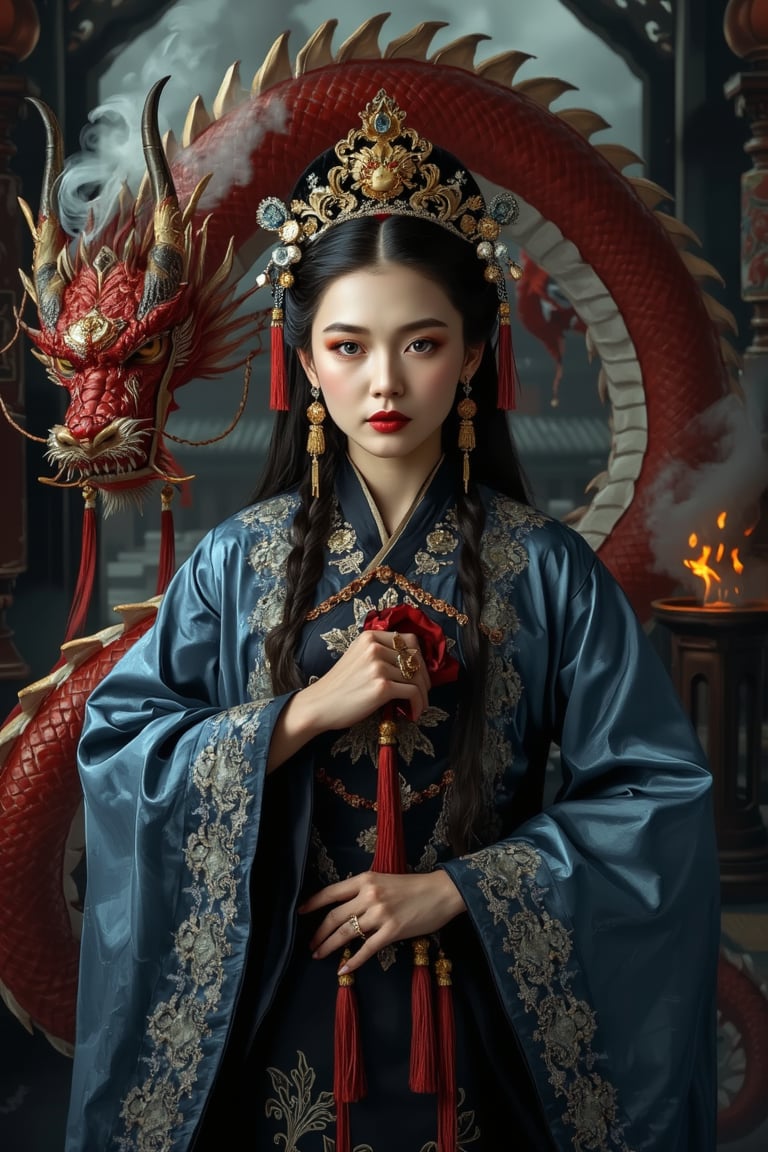 Portrait of a character representing a fantasy chinese goddess, celestial beautiful (manga:1.4) face. She wears the most sumptuous wedding hanfu dress made of blue, and  black silk and richly (embroidered:1.2) with gold and silver threads,  intricately carved golden (badges and tassels:1.2), golden crown, dark gothic temple background with a huge ultra high detailed (chinese red dragon:1.4). (Fire and flames) and clouds of smoke. Oil painted by Rembrandt. Stunning interpretive visual, gothic regal, colorful, dreamy magical atmosphere, cinematic light, side lightings, Midjourneyart