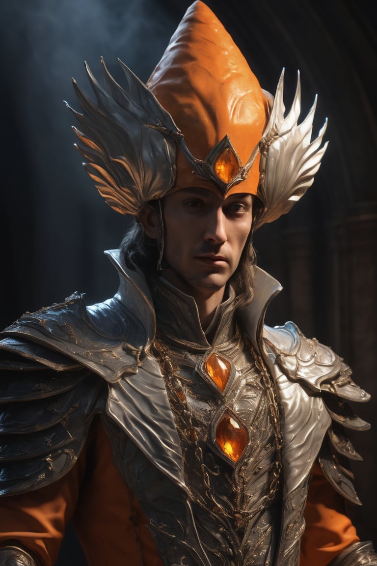 3D artwork, upper body shot of a caracter represesenting an harlequin mighty man. High elven hat shaped as a seashell, orange mantle, shining gold jewels and silver chains. (Majestic pose:1.4), (hieratic expression:1.6), emerging from the darkness in the style of Rembrandt. The caracter wears a white and orange large luxury suit. The character is illuminated from the side by a dark golden light. Vibrant colors. The background is a black gothic cathedral interior dimly lit by moonlight. UHD, high resolution, 8k.