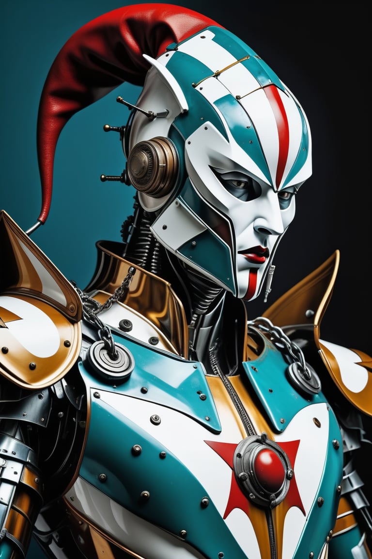 3D artwork masterpiece, upper body of a caracter represesenting a mighty style harlequin eldar male robot with a high surreal white mask, (surrealistic big stylized full metal helm that resembles the shape of a jester's hat), mantle, bolts and iron chains. (Majestic pose:1.4), (hieratic expression:1.6), emerging from the darkness in the style of Caravaggio. (Red), teal, (yellow), white forming perfect stripes ornamental patterns on a (rusted:0.8) armor. Matte surfaces. Side light, UHD, high resolution, 8k, black gothic cathedral interior background, warm golden light 