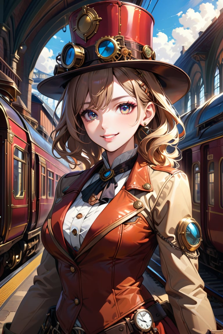 Very beautiful girl with a steampunk beige leather jacket, red waistcoat and hat, intricately detailed brass accessories. Masterpiece, illustration, extremely detailed, beautiful detailed eyes, beautiful detailed mouth, warmly smile, bright colors, victorian railway station on background, complex_background 