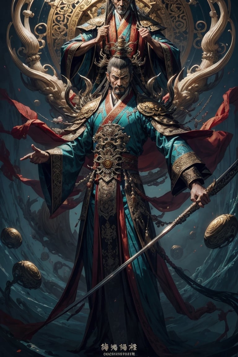 Full body shot of a character standing in majestic pose, realistic representation of a fantasy chinese god, with the most sumptuous wedding hanfu suit made of white silk and richly embroidered with gold and silver threads, intricately carved golden badges and tassels. Under the sea background, magic circles. Art by Yoshitaka Amano, Huang Guangjian, Zhong Fenghua, stunning interpretive visual, gothic regal, colorful, realistic eyes, dreamy magical atmosphere, (film grain), (warm hue, warm tone), cinematic light, side lightings,zhongfenghua,gu,weapon