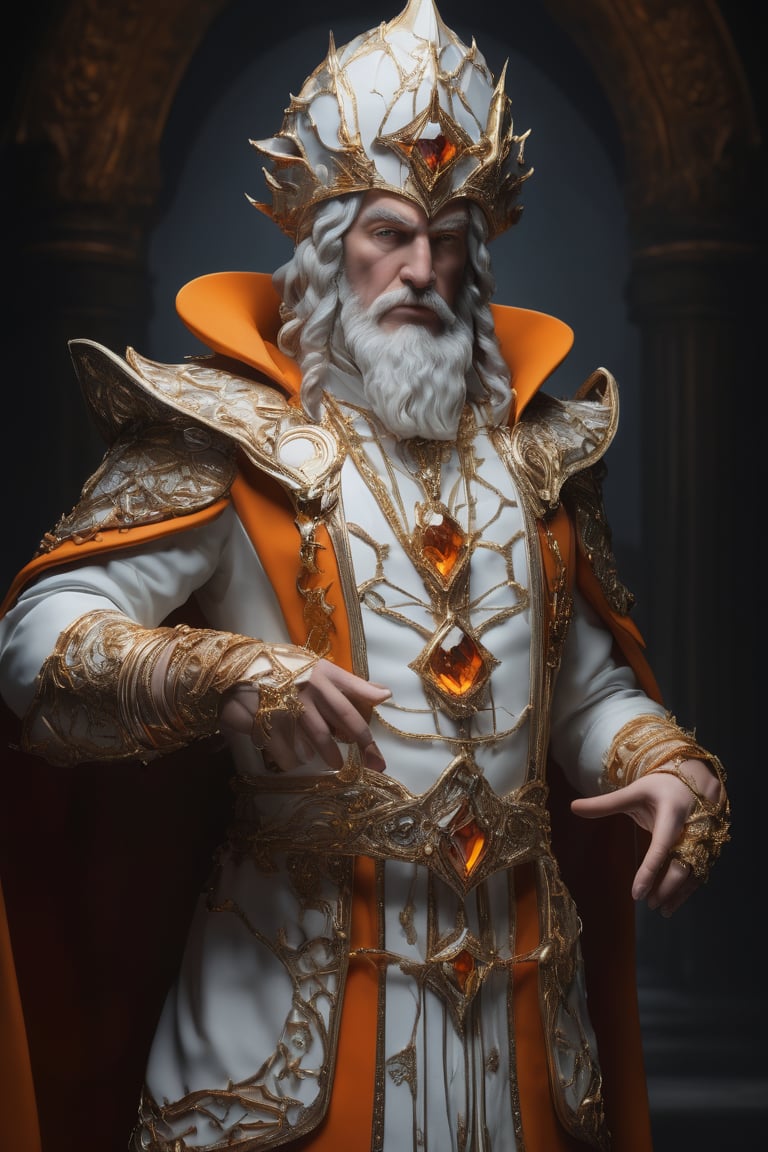 3D artwork, upper body shot of a caracter represesenting an harlequin mighty man. High elven hat shaped as a white seashell, orange mantle, shining gold jewels and silver chains. (Majestic pose:1.4), (hieratic expression:1.6), emerging from the darkness in the style of Rembrandt. The caracter wears a white and orange large luxury suit. The character is illuminated from the side by a dark golden light. Vibrant colors. The background is a black gothic cathedral interior dimly lit by moonlight. UHD, high resolution, 8k.