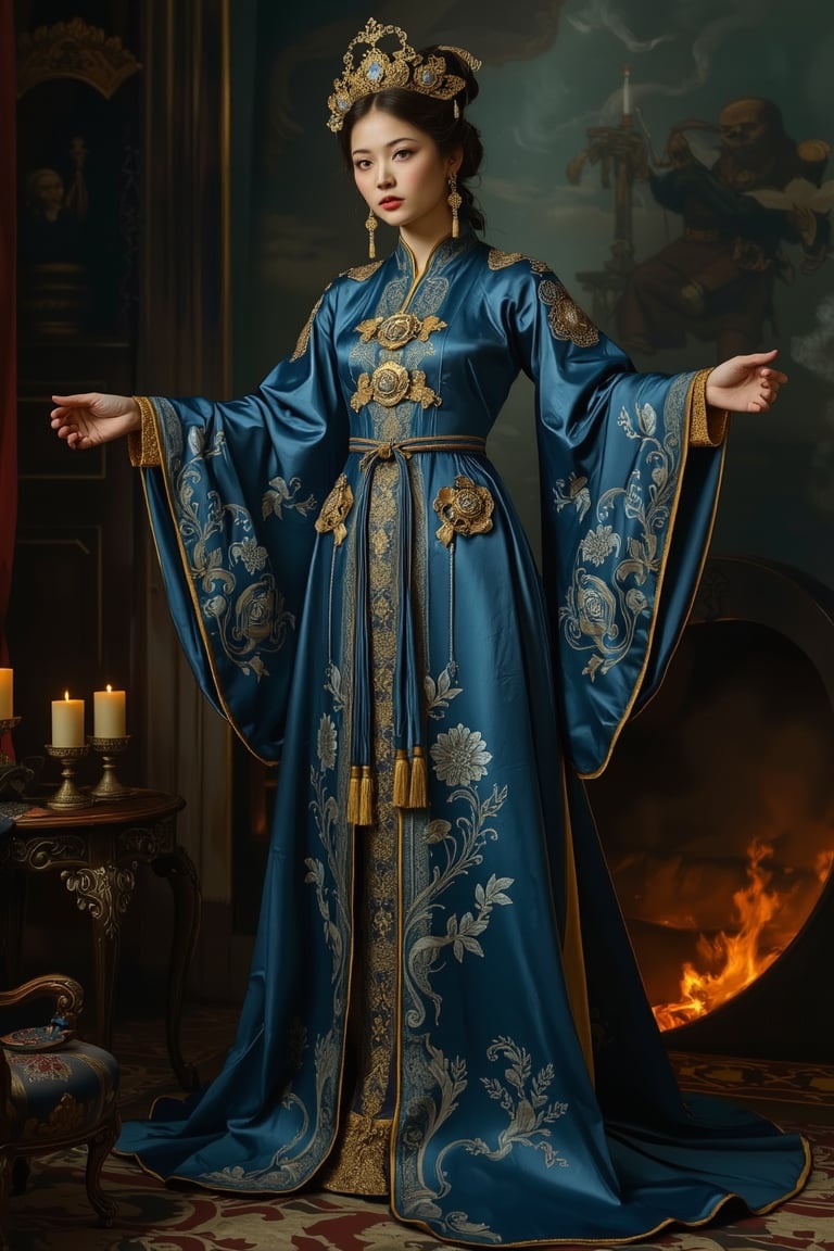 Full body shot of a character standing in majestic pose, representation of a (very tall:1.3) fantasy chinese goddess with the most sumptuous wedding hanfu dress made of (blue) silk and richly (embroidered:1.2) with gold and silver threads, (wide sleeves:1.2), intricately carved golden (badges and tassels:1.2), golden line, dark gothic background, fire and flame and clouds of smoke. Oil painted by Rembrandt. Stunning interpretive visual, gothic regal, colorful, realistic eyes, dreamy magical atmosphere, cinematic light, side lightings, Midjourneyart