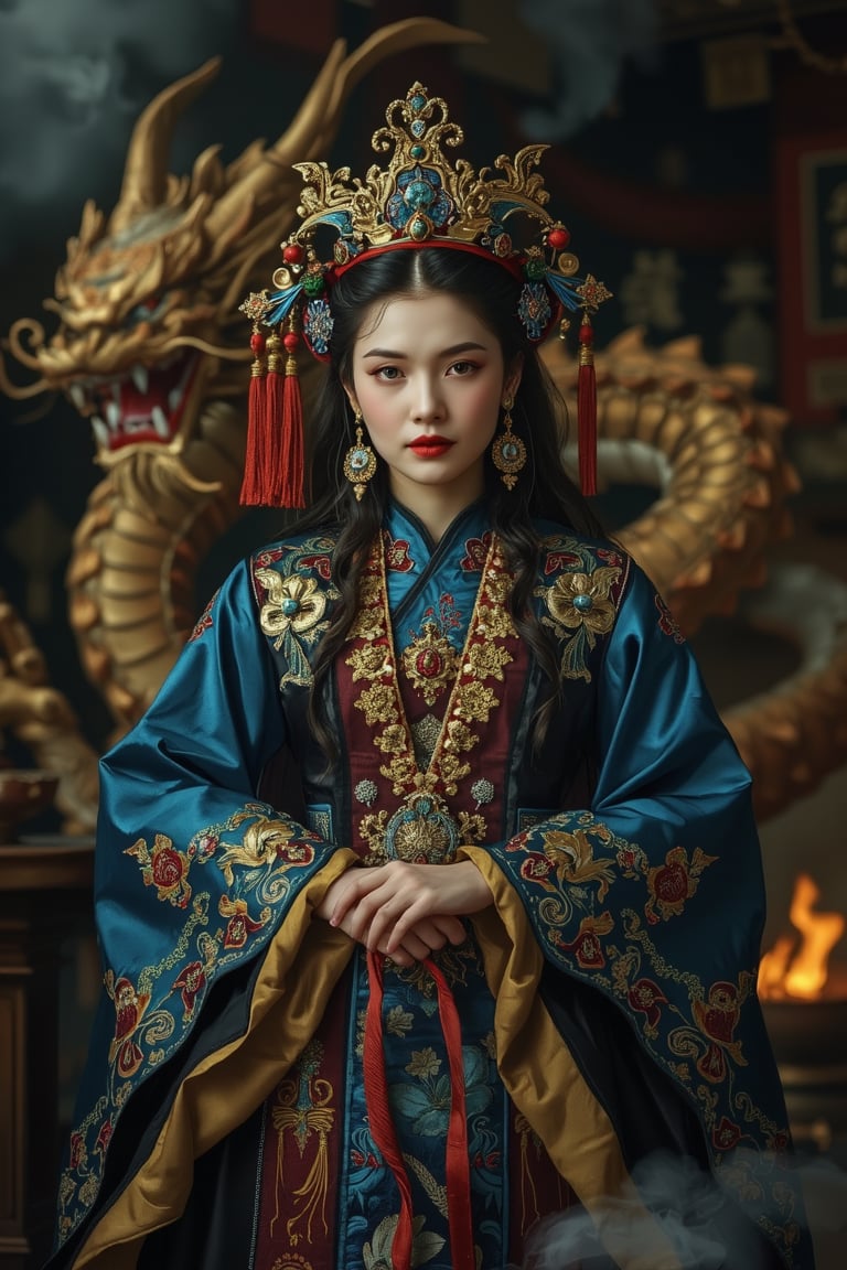 Portrait of a character representing a fantasy chinese goddess, celestial beautiful (manga:1.4) face. She wears the most sumptuous wedding hanfu dress made of blue, and  black silk and richly (embroidered:1.2) with gold and silver threads,  intricately carved golden (badges and tassels:1.2), golden crown, dark gothic temple background with a huge ultra high detailed (chinese dragon:1.4). (Fire and flames) and clouds of smoke. Oil painted by Rembrandt. Stunning interpretive visual, gothic regal, colorful, dreamy magical atmosphere, cinematic light, side lightings, Midjourneyart