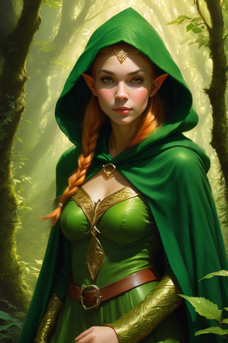 Fantasy elf girl hunting in the forest, she has a furtive attitude huddled behind a bush in a very dinamic pose, she wears a green hood and cloak, perfect cute face, fairy atmosphere, highly detailed, dramatic lighting. Digital painting, masterpiece, maximalist, approacing to perfection, style by Greg Rutkowski