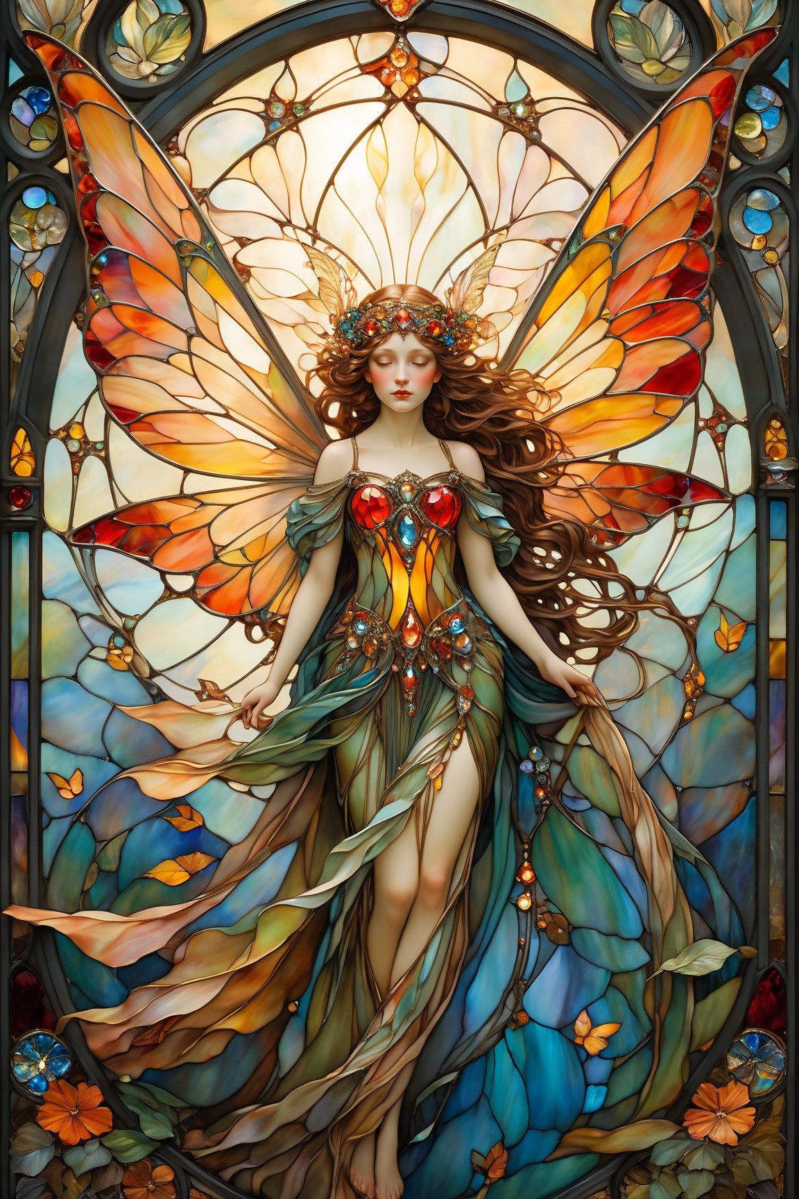 Fairy, large wings, magical fantasy art is done in oil paint and liquid chrome, liquid rainbow, golden leaf, golden line, copper surfaces, shining red jewels, best quality, fairytale, patchwork, (stained glass:1.2), storybook detailed illustration, cinematic, ultra highly detailed, tiny details, beautiful details, mystical, luminism, vibrant colors, complex background, resolution hyperdetailed intricate liminal eerie precisionism, DSLR filmic hyperdetailed, intricate background, (dark luminescent:1.2) art by Alphonse Mucha, Kinuno Y Craft, Brian Froud, Arthur Rackham, Jean Baptiste Monge,crystalz