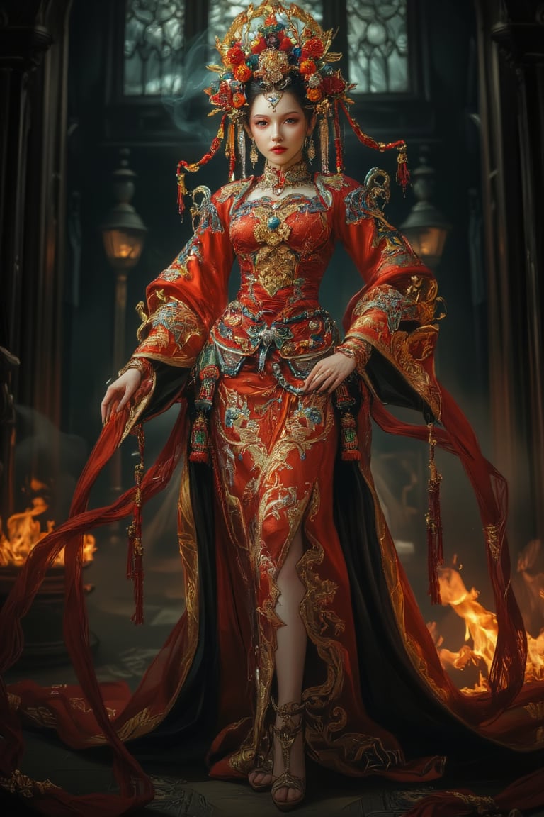 Full body shot of a character standing in majestic pose, representation of a very tall fantasy chinese empress with the most sumptuous wedding hanfu dress made of (red:1.4) silk and richly embroidered with gold and silver threads, (wide sleeves:1.2), intricately carved golden badges and tassels, golden line, dark gothic cathedral background, fire and flame and clouds of smoke. Art by Yoshitaka Amano, Zhong Fenghua, stunning interpretive visual, gothic regal, colorful, realistic eyes, dreamy magical atmosphere, (film grain), (warm hue, warm tone), cinematic light, side lightings, Midjourneyart, zhongfenghuaStyle, Midjourney_Whisper