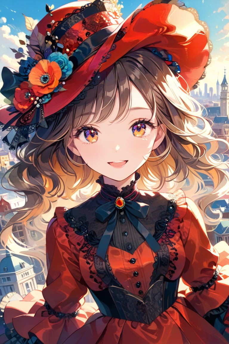 Very beautiful girl with a very ornated victorian silk red dress, sumptuous hat, masterpiece, illustration, extremely detailed, beautiful detailed eyes, beautiful detailed mouth, warmly smile, (bright colors:1.4), city on background 