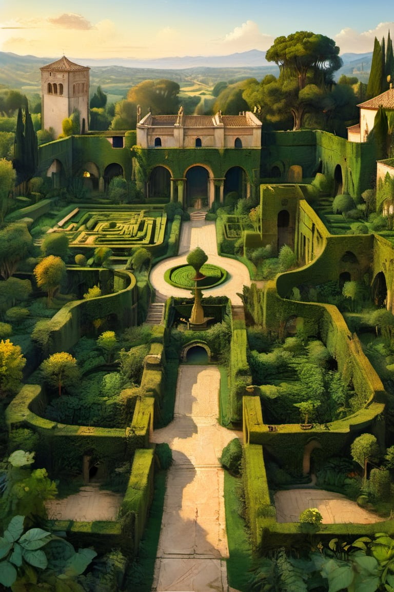 A surreal ancient garden with a medieval high hedge maze, many paths that intersect. A masterpiece painted by Claude Lorrain, highly detailed leaves, golden hour, romantic landscape, Architectural100,itacstl