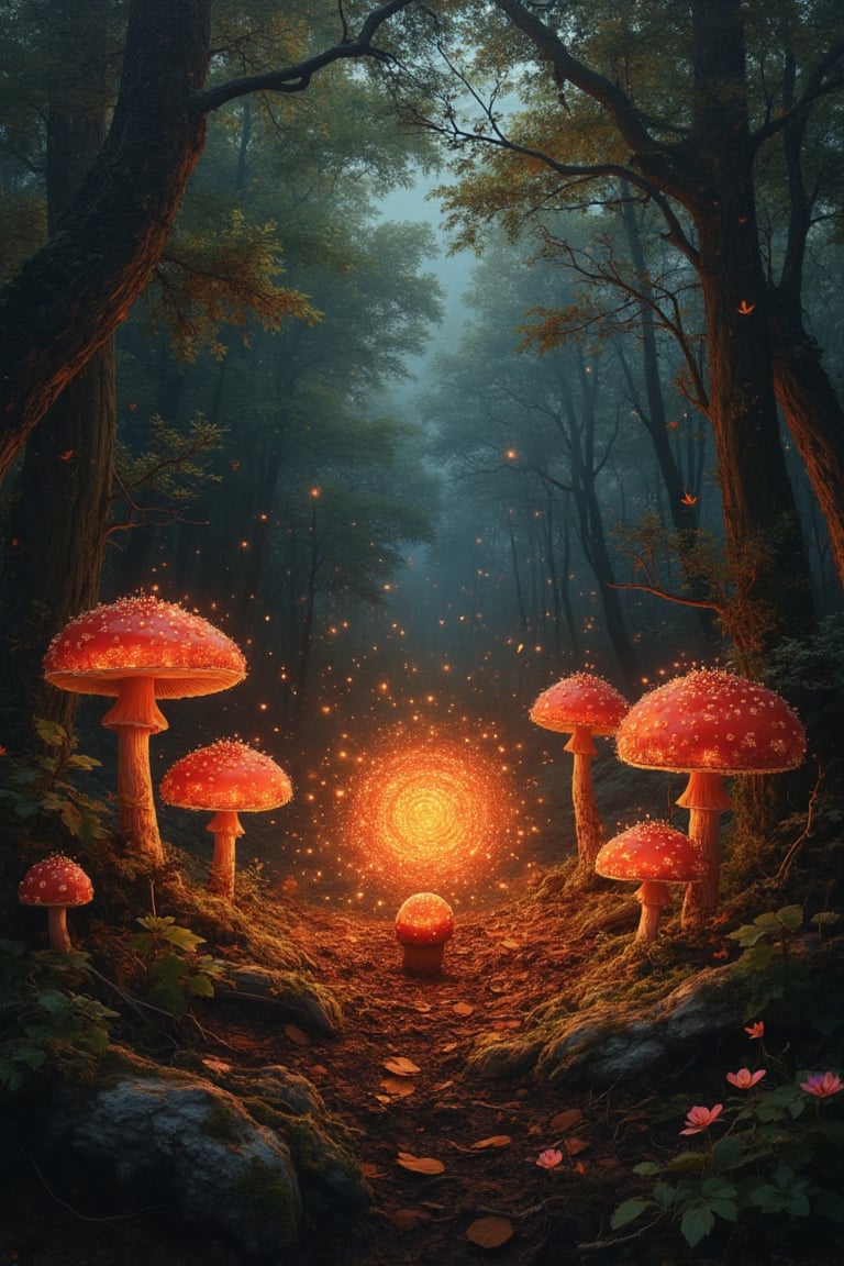 The masterful brushstrokes of Peter Paul Rubens and Rembrandt give life to a of red mushrooms in a forest clearing. The ci...