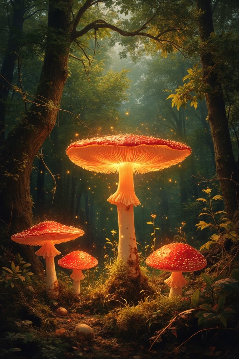 The masterful brushstrokes of Peter Paul Rubens and Rembrandt give life to a of red mushrooms in a forest clearing. The ci...