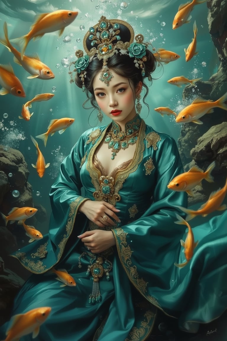 Dappled Light, close shot, portrait, oil painting of a chinese goddess of the sea in the style of Rembrandt and Michael Cheval. She wears the most sumptuous teal and gold wedding hanfu dress, (tender pretty girl:1.4), porcelain white skin, richly jeweled, majestic pose. Stunning interpretive visual, masterpiece, dreamy magical atmosphere, deep underwater background, schools of golden fishes surrounding the goddess, Midjourneyart 