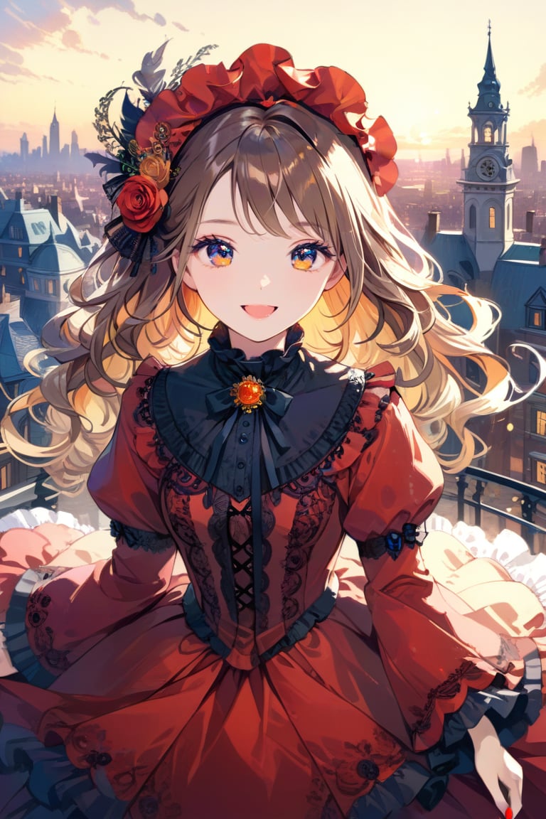 Very beautiful girl with a very ornated victorian red dress, masterpiece, illustration, extremely detailed, beautiful detailed eyes, beautiful detailed mouth, warmly smile, (bright colors:1.4), city on background 