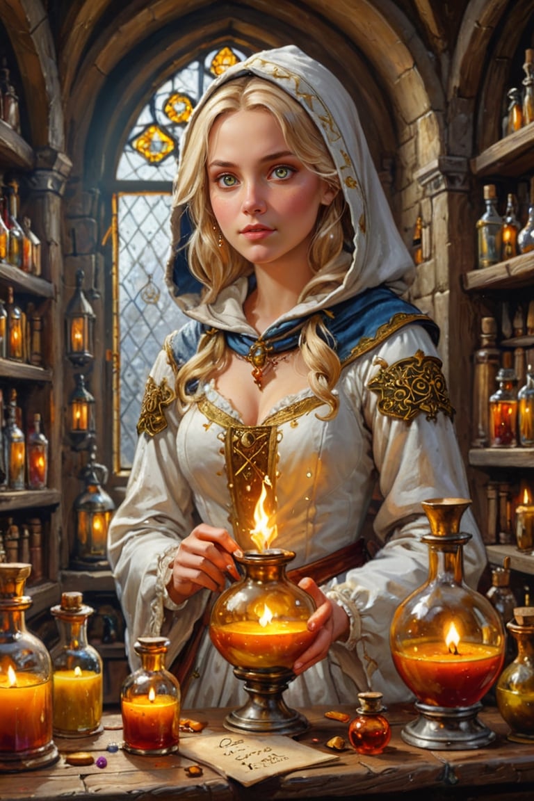 Photorealistic, Award Winning, Ultra Realistic, 8k, of a 25 years old good sweet girl preparing potions in her study. She has blonde hair and wears a medieval white dress with hood and tippet, richly silver embroidered. Medieval atmosphere. On background we see one yellow and orange stained glasses window lighting an old castle room, (many bright colored potion ampoules:1.4) on the shelves. Masterpiece, ultra highly detailed, Dynamic Poses, Alluring, Amazing, Excellent, Detailed Face, Beautiful Symmetric Eyes, Heavenly, Very Refined, dark golden light,digital painting,crystalz,Decora_SWstyle,art_booster