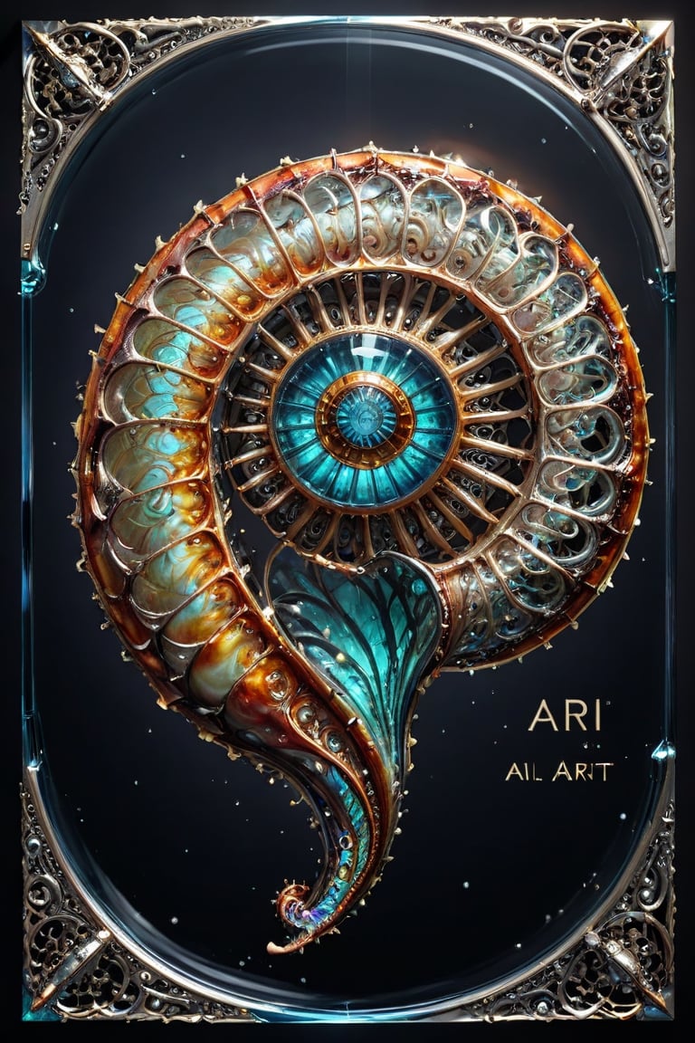 A 3D style artwork that shows (an amazing glass sea nautilus shell), (glass art:1.3), (trendwhore style:1.6), with (the text "AI-ART":1.2) big in the corner. Gradient background, sharp details. Dark filigree on background. Highest quality, detailed and intricate, original artwork, trendy, futuristic, award-winning. Bright colors, close shot, artint, make_3d,art_booster,crystalz,spstation