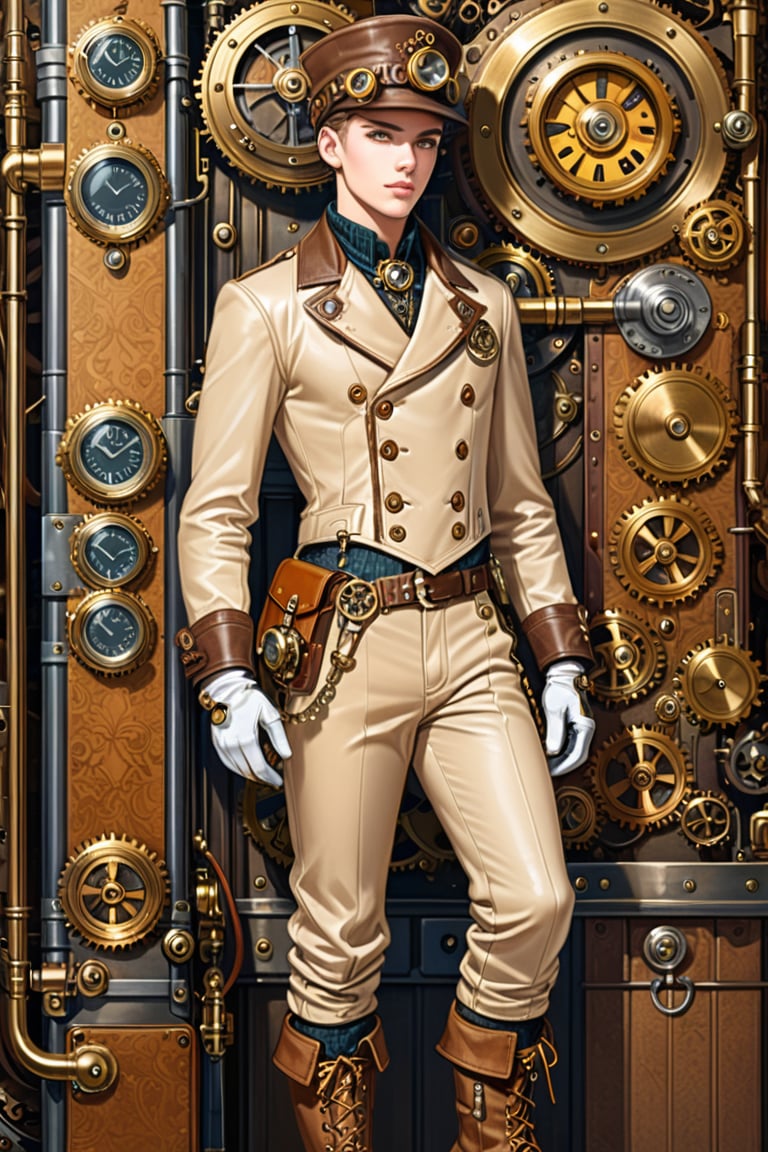 Industrial steampunk mechanic boy, perfectly detailed face, hat, steampunk beige leather double-breasted jacket, beige tweed fabric puffed trousers, leather laced boots, intricately detailed brass accessories. Masterpiece, illustration, extremely detailed, industrial background