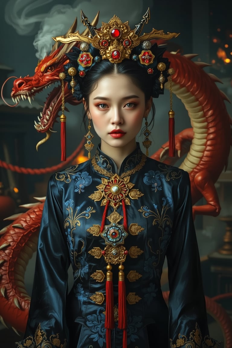 Portrait of a character representing a fantasy chinese goddess, celestial beautiful (manga:1.4) face. She wears the most sumptuous wedding hanfu dress made of blue, and  black silk and richly (embroidered:1.2) with gold and silver threads,  intricately carved golden (badges and tassels:1.2), golden crown, dark gothic temple background with a huge ultra high detailed (chinese red dragon:1.4). (Fire and flames) and clouds of smoke. Oil painted by Rembrandt. Stunning interpretive visual, gothic regal, colorful, dreamy magical atmosphere, cinematic light, side lightings, Midjourneyart