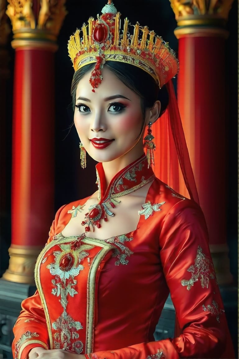 Dappled Light, portrait of a character, intricate (pencil sketch:1.5) of a vietnamese queen with the most sumptuous red wedding dress. Vietnamese royal palace background. Colorful, realistic eyes, dreamy magical atmosphere, cinematic light, side lighting, vivid color