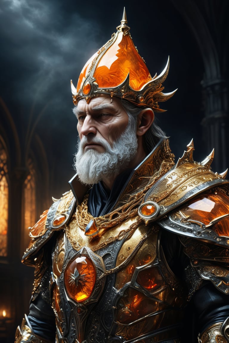 3D artwork, upper body shot of a caracter represesenting a mighty man. High elven hat shaped as a seashell, orange mantle, shining gold jewels and silver chains. (Majestic pose:1.4), (hieratic expression:1.6), emerging from the darkness in the style of Rembrandt. The caracter wears an orange large luxury suit. The character is illuminated from the side by a dark golden light. Vibrant colors. The background is a black gothic cathedral interior dimly lit by moonlight. UHD, high resolution, 8k.