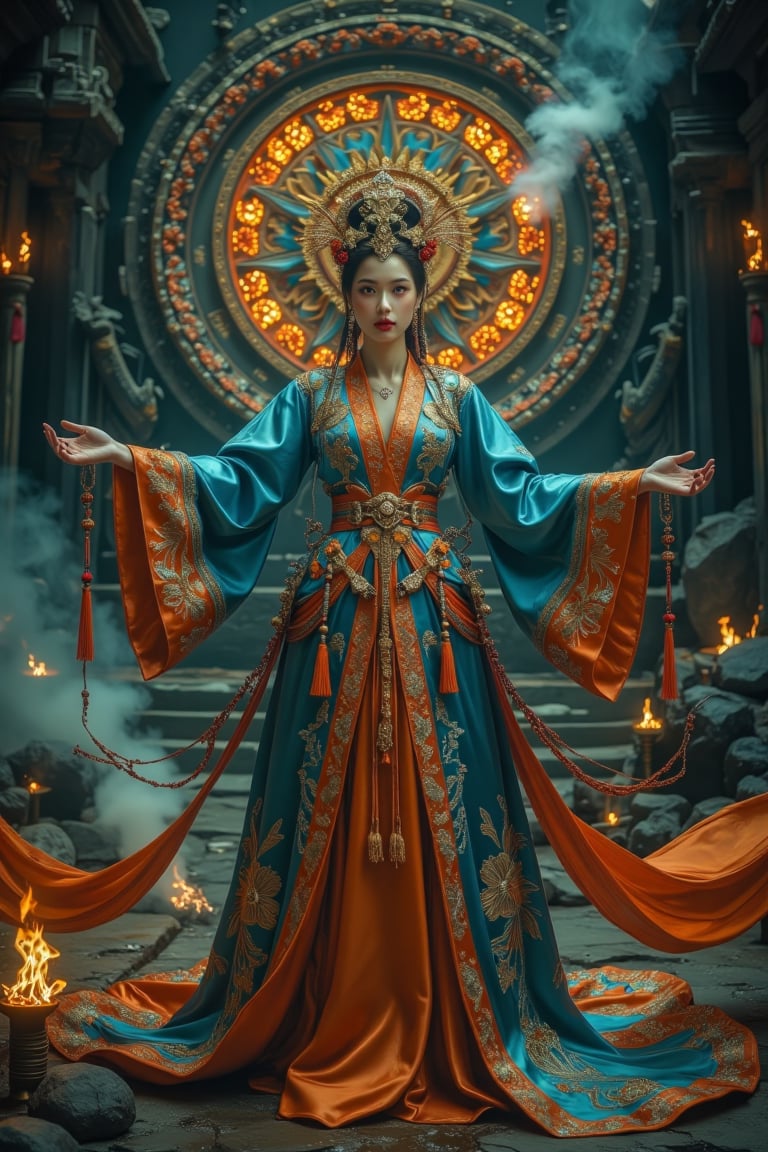 Full body shot, bottom view of a character standing in cinematic pose, open arms, representation of a (very tall:1.4) fantasy chinese goddess with the most sumptuous long wedding hanfu dress that completely covers the feet and is made of blue, and orange silk and richly (embroidered:1.2) with gold and silver threads, (wide sleeves:1.2), intricately carved golden (badges and tassels:1.2), golden crown, dark gothic temple background with a huge mandala (carved into the rock) on which are magical luminous symbols. Fire and flame and clouds of smoke. Oil painted by Greg Rutkowski. Stunning interpretive visual, gothic regal, colorful, realistic eyes, dreamy magical atmosphere, cinematic light, side lightings, Midjourneyart, Midjourney_Whisper