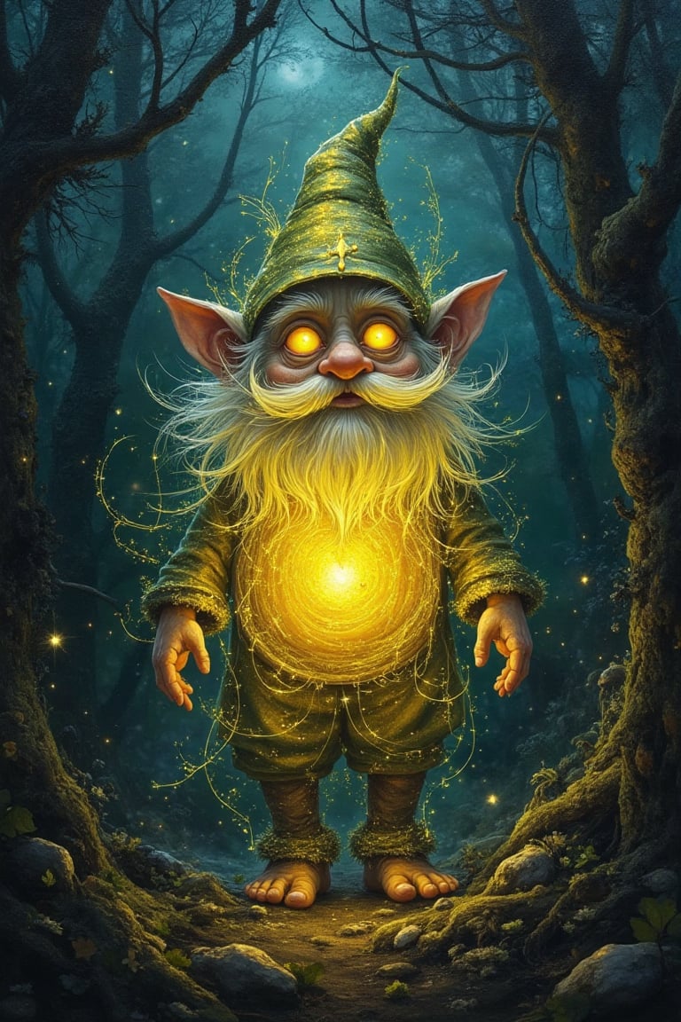 Oil painted fantasy surrealist gnome,  his body radiates a soft light amidst a mysterious,  night forest background. hyper...