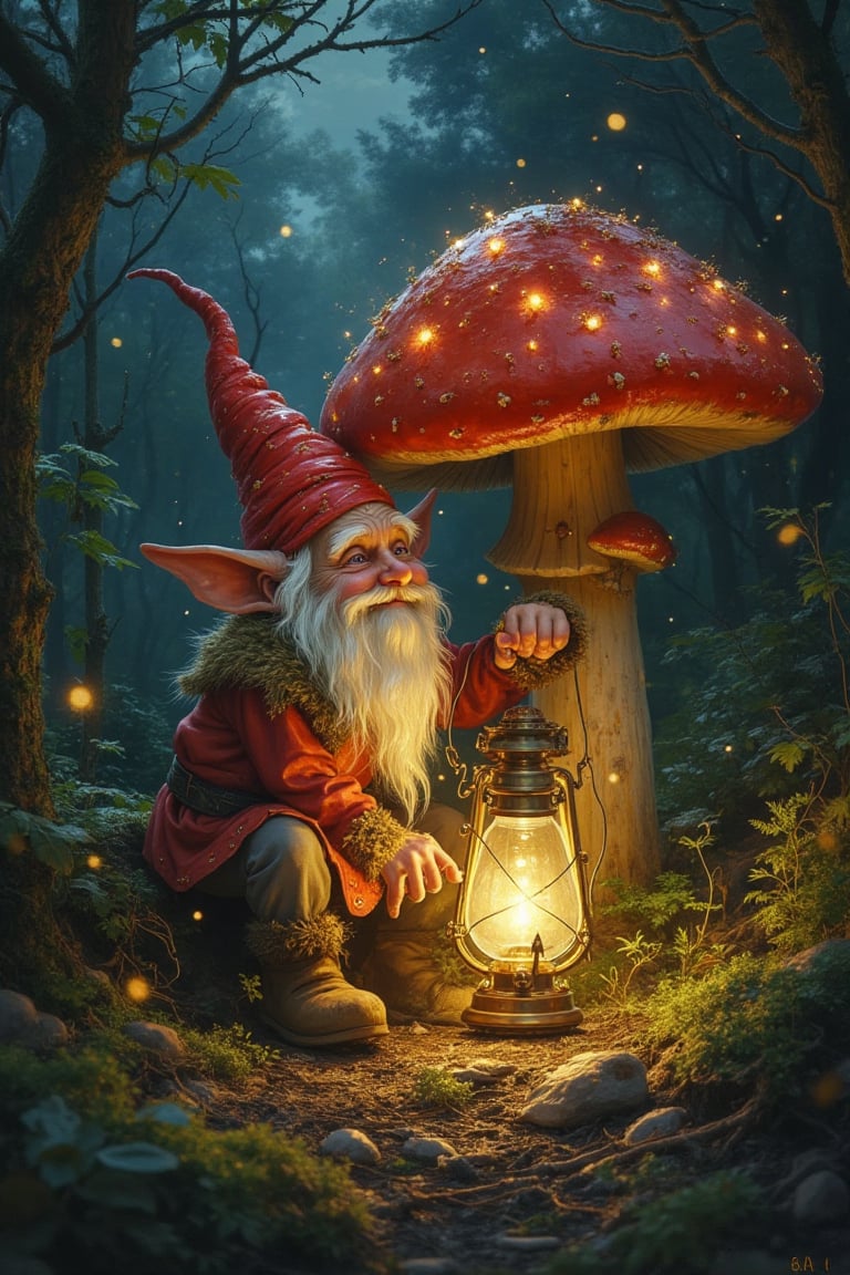 The masterful brushstrokes of Rembrandt and Brian Froud give life to a fantasy gnome leaning relaxed against a large red m...
