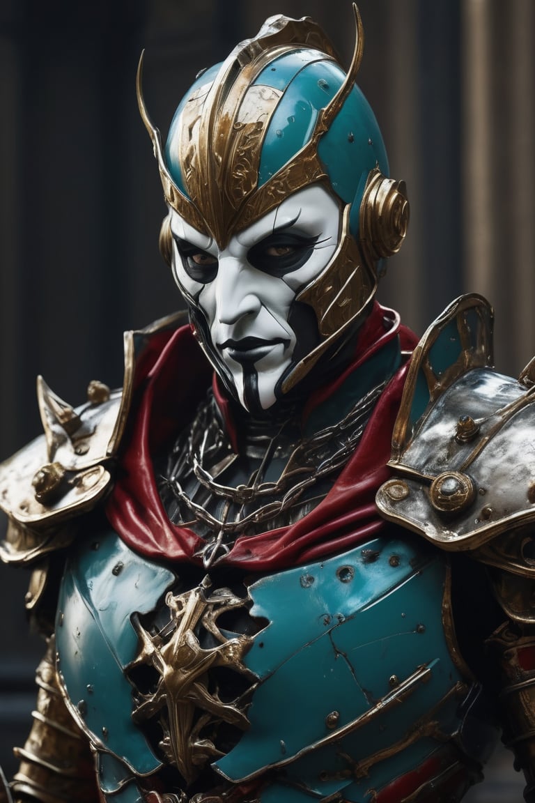 3D artwork,  upper body of a caracter represesenting a mighty style harlequin eldar male robot with a high surreal white m...