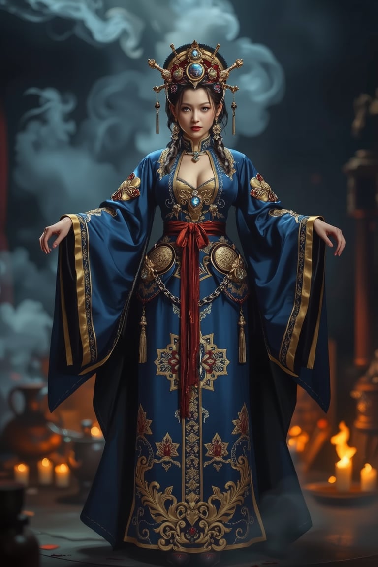 Full body shot of a character standing in majestic pose, representation of a (very tall:1.3) fantasy chinese goddess with the most sumptuous wedding hanfu dress made of (blue) silk and richly (embroidered:1.2) with gold and silver threads, (wide sleeves:1.2), intricately carved golden (badges and tassels:1.2), golden line, dark gothic background, fire and flame and clouds of smoke. Art by Yoshitaka Amano, Zhong Fenghua, stunning interpretive visual, gothic regal, colorful, realistic eyes, dreamy magical atmosphere, cinematic light, side lightings, Midjourneyart