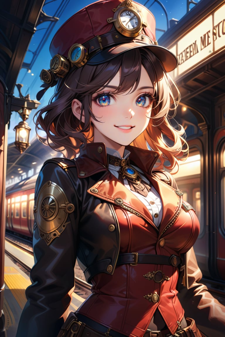 Very beautiful girl with a steampunk leather jacket, red waistcoat and hat, intricately detailed brass accessories. Masterpiece, illustration, extremely detailed, beautiful detailed eyes, beautiful detailed mouth, warmly smile, bright colors, dark light, railway station on background, complex_background 