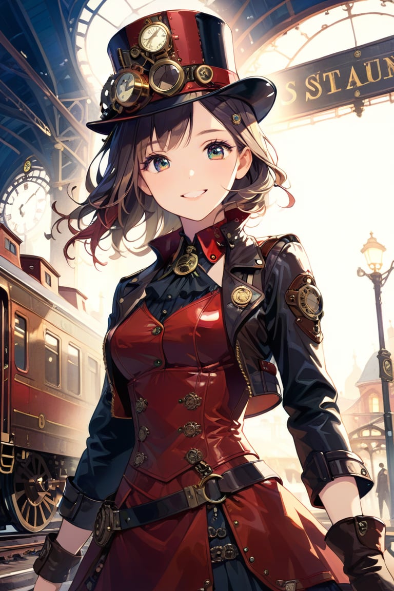 Very beautiful girl with a steampunk leather jacket, red waistcoat and hat, intricately detailed brass accessories. Masterpiece, illustration, extremely detailed, beautiful detailed eyes, beautiful detailed mouth, warmly smile, bright colors, dark light, railway station on background 