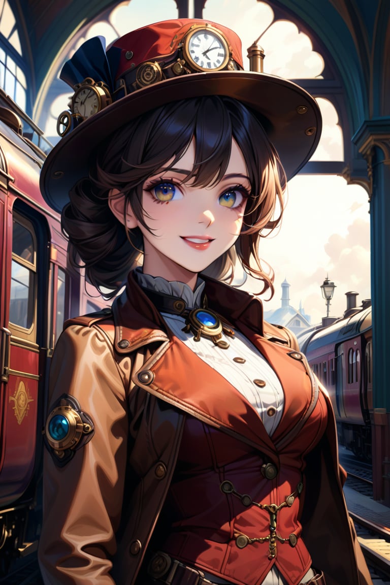 Very beautiful girl with a steampunk beige leather jacket, red waistcoat and hat, intricately detailed brass accessories. Masterpiece, illustration, extremely detailed, beautiful detailed eyes, beautiful detailed mouth, warmly smile, bright colors, victorian railway station on background, complex_background 