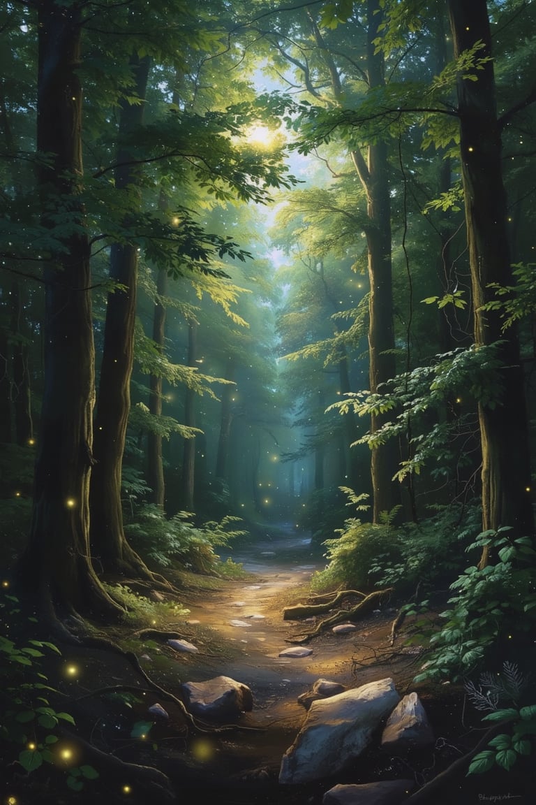 The masterful brushstrokes of Peter Paul Rubens and Rembrandt give life to a path in the enchanted forest. The path radiat...