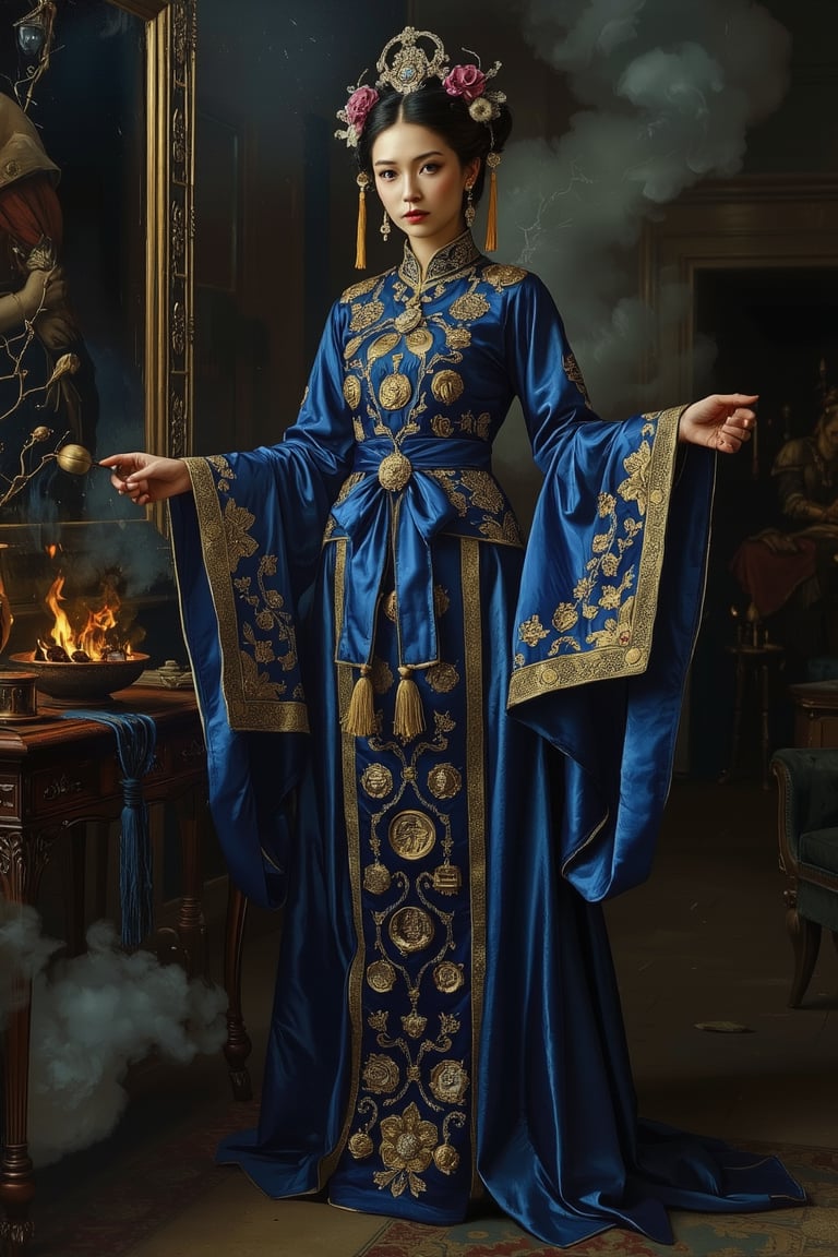 Full body shot of a character standing in majestic pose, representation of a (very tall:1.3) fantasy chinese goddess with the most sumptuous wedding hanfu dress made of (blue) silk and richly (embroidered:1.2) with gold and silver threads, (wide sleeves:1.2), intricately carved golden (badges and tassels:1.2), golden line, dark gothic background, fire and flame and clouds of smoke. Oil painted by Rembrandt. Stunning interpretive visual, gothic regal, colorful, realistic eyes, dreamy magical atmosphere, cinematic light, side lightings, Midjourneyart