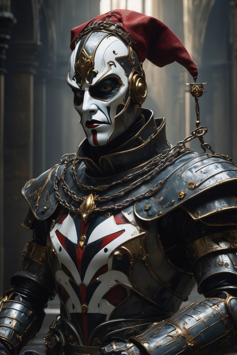 3D artwork,  upper body of a caracter represesenting a mighty style harlequin male robot with a high surreal white mask,...