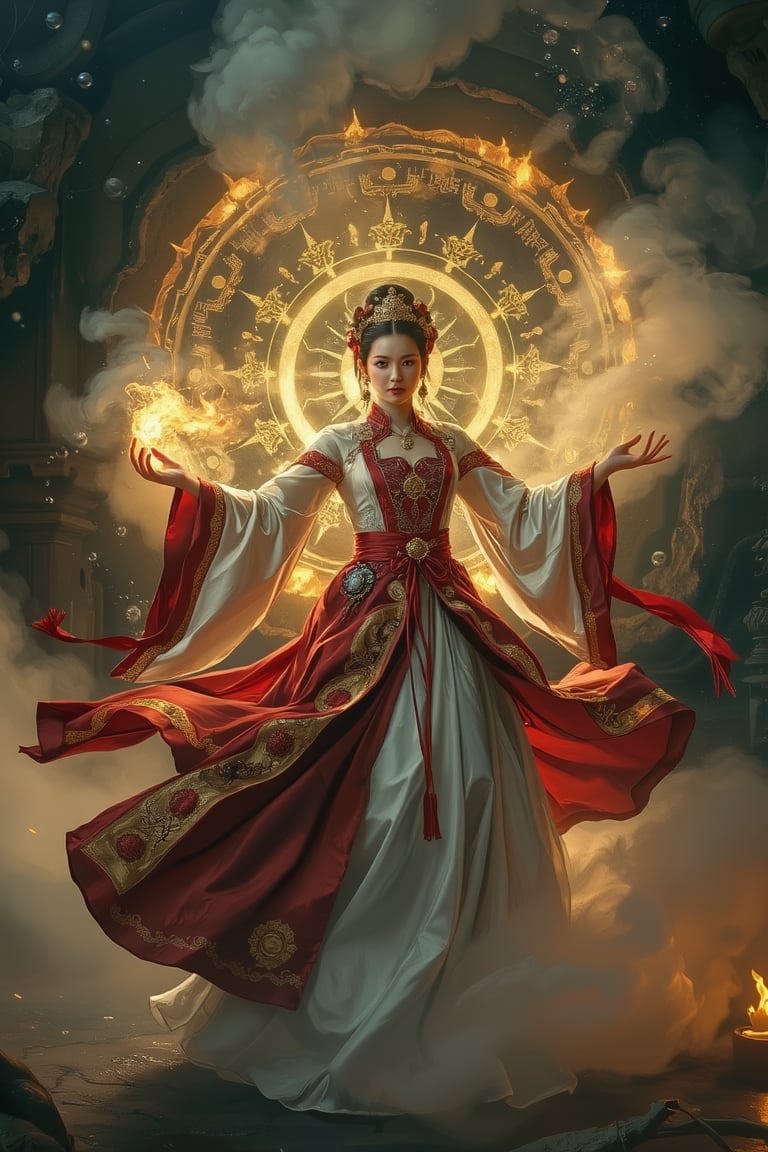 In a sweeping oil painting reminiscent of Rembrandt's mastery, a statuesque fantasy Chinese goddess stands tall at 2 meters, her majestic form draped in an opulent white and red hanfu wedding dress that drapes to the floor. The flowing garment is embroidered with intricate gold and silver threads, its wide sleeves billowing like clouds. Golden badges and tassels adorn her bodice, as if plucked from a celestial realm. Against a dark temple background, a colossal mandala carved into the rock glows with magical luminous symbols that seem to pulse with an otherworldly energy. Flames dance across the surface, casting warm shadows as clouds of smoke swirl around the goddess's ethereal form. As she dances delicately, her dress rises like a mistral wind, imbuing the scene with an air of mystique and enchantment. Cinematic lighting casts a dramatic glow, illuminating her striking features and captivating eyes that seem to hold the secrets of the cosmos. The atmosphere is at once dreamy and magical, as if the very fabric of reality has been woven into this stunning visual tapestry.