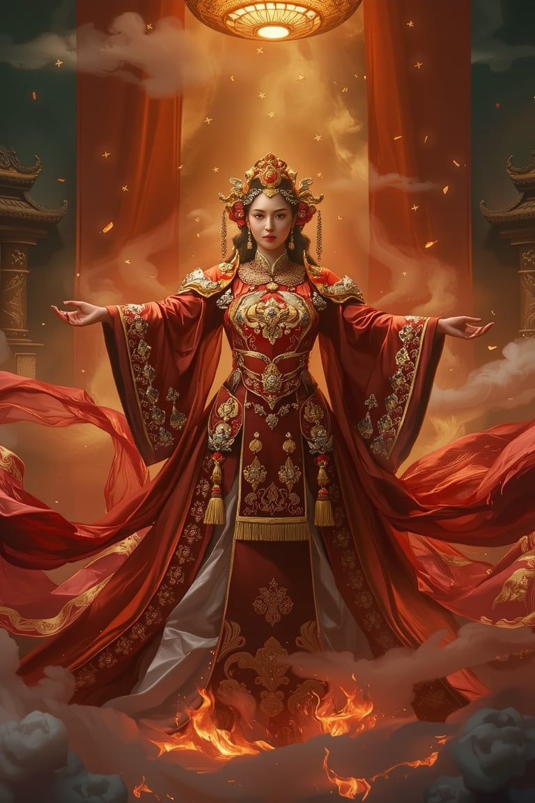 In a majestic tableau, the Chinese empress stands tall, her sumptuous wedding hanfu dress aglow in a warm, cinematic light. The red and white silk fabric shimmers like molten lava, richly embroidered with gold and silver threads that seem to dance across her wide sleeves (1.2). Intricately carved golden badges and tassels glint like stars against the fiery, smoky backdrop of clouds and flames. Yoshitaka Amano's influence is palpable in this stunning, dreamy scene, as if Zhong Fenghua's artwork has come to life. Midjourneyart, zhongfenghuaStyle