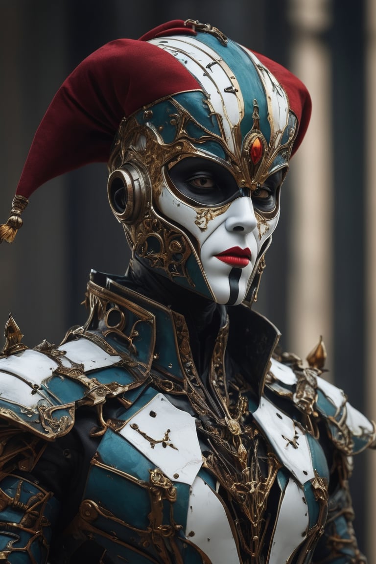 3D artwork,  upper body of a caracter represesenting a mighty style harlequin eldar male robot with a high surreal white m...