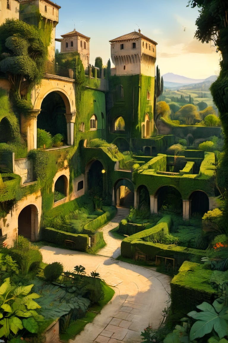 A surreal ancient garden with a medieval high hedge maze, many paths that intersect. A masterpiece painted by Claude Lorrain, highly detailed leaves, golden hour, romantic landscape, Architectural100,itacstl