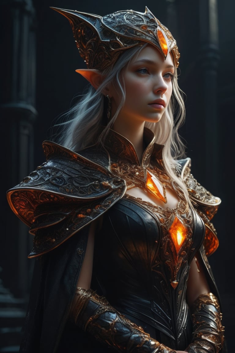 3D artwork, upper body shot represesenting a mighty female young caracter. High elven hat shaped as an orange seashell, mantle, shining gold jewels and silver chains. (Majestic pose:1.4), (hieratic expression:1.6), emerging from the darkness in the style of Rembrandt. The caracter wears a black and orange large luxury dress. The character is illuminated from the side by a dark golden light. Marine vibes. Vibrant colors. The background is a black gothic cathedral interior dimly lit by moonlight. UHD, high resolution, 8k.