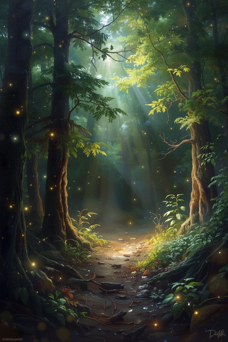The masterful brushstrokes of Peter Paul Rubens and Rembrandt give life to a path in the enchanted forest. The path radiat...