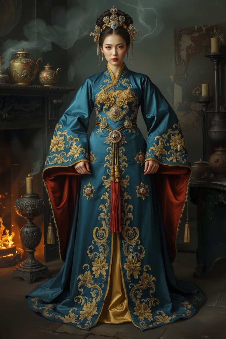 Full body shot of a character standing in majestic pose, representation of a (very tall:1.4) fantasy chinese goddess with the most sumptuous wedding hanfu dress made of (blue) silk and richly (embroidered:1.2) with gold and silver threads, (wide sleeves:1.2), intricately carved golden (badges and tassels:1.2), golden line, dark gothic background, fire and flame and clouds of smoke. Oil painted by Rembrandt. Stunning interpretive visual, gothic regal, colorful, realistic eyes, dreamy magical atmosphere, cinematic light, side lightings, Midjourneyart