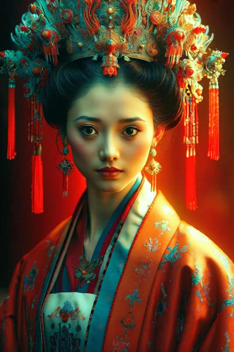 Dappled Light, photo portrait of a character, intricate pencil sketch mugshot of a chinese empress with the most sumptuous wedding hanfu dress:: Tom Bagshaw, Zdzislaw Beksinski, Yoshitaka Amano, Raffaello Ossola, Martin Wittfooth, Luigi Spano, Vladimir Kush :: stunning interpretive visual,, colorful, realistic eyes, dreamy magical atmosphere, (film grain), (warm hue, warm tone),  cinematic light, side lighting,