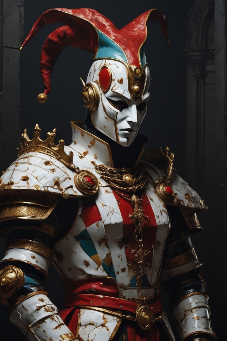 3D artwork,  upper body of a caracter represesenting a mighty style harlequin male robot with a high surreal white mask,...