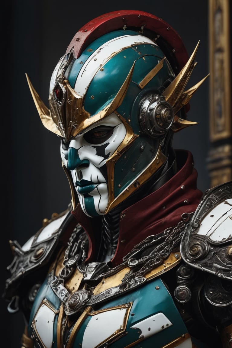 3D rendering masterpiece, upper body of a caracter represesenting a mighty style harlequin eldar male robot with a high surreal white mask, (surrealistic big stylized full metal helm that resembles the shape of a jester's hat), mantle, bolts and iron chains. (Majestic pose:1.4), (hieratic expression:1.6), emerging from the darkness in the style of Caravaggio. (Red), teal, (yellow), white forming perfect stripes ornamental patterns on a (rusted:0.8) armor. Matte surfaces. Side light, UHD, high resolution, 8k, black gothic cathedral interior background, warm golden light 