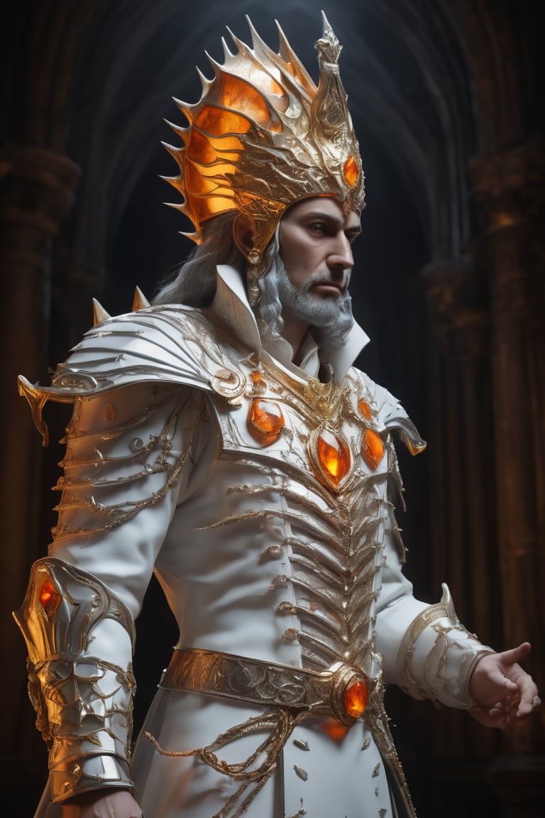 3D artwork, upper body shot of a caracter represesenting an harlequin mighty man. High elven hat shaped as a white seashell, orange mantle, shining gold jewels and silver chains. (Majestic pose:1.4), (hieratic expression:1.6), emerging from the darkness in the style of Rembrandt. The caracter wears a white and orange large luxury suit. The character is illuminated from the side by a dark golden light. Vibrant colors. The background is a black gothic cathedral interior dimly lit by moonlight. UHD, high resolution, 8k.