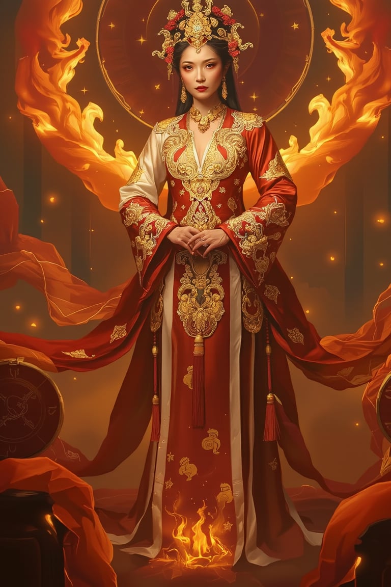 In a majestic tableau, the Chinese empress stands tall, her sumptuous wedding hanfu dress aglow in a warm, cinematic light. The red and white silk fabric shimmers like molten lava, richly embroidered with gold and silver threads that seem to dance across her wide sleeves (1.2). Intricately carved golden badges and tassels glint like stars against the fiery, smoky backdrop of clouds and flames. Yoshitaka Amano's influence is palpable in this stunning, dreamy scene, as if Zhong Fenghua's artwork has come to life. Midjourneyart, zhongfenghuaStyle