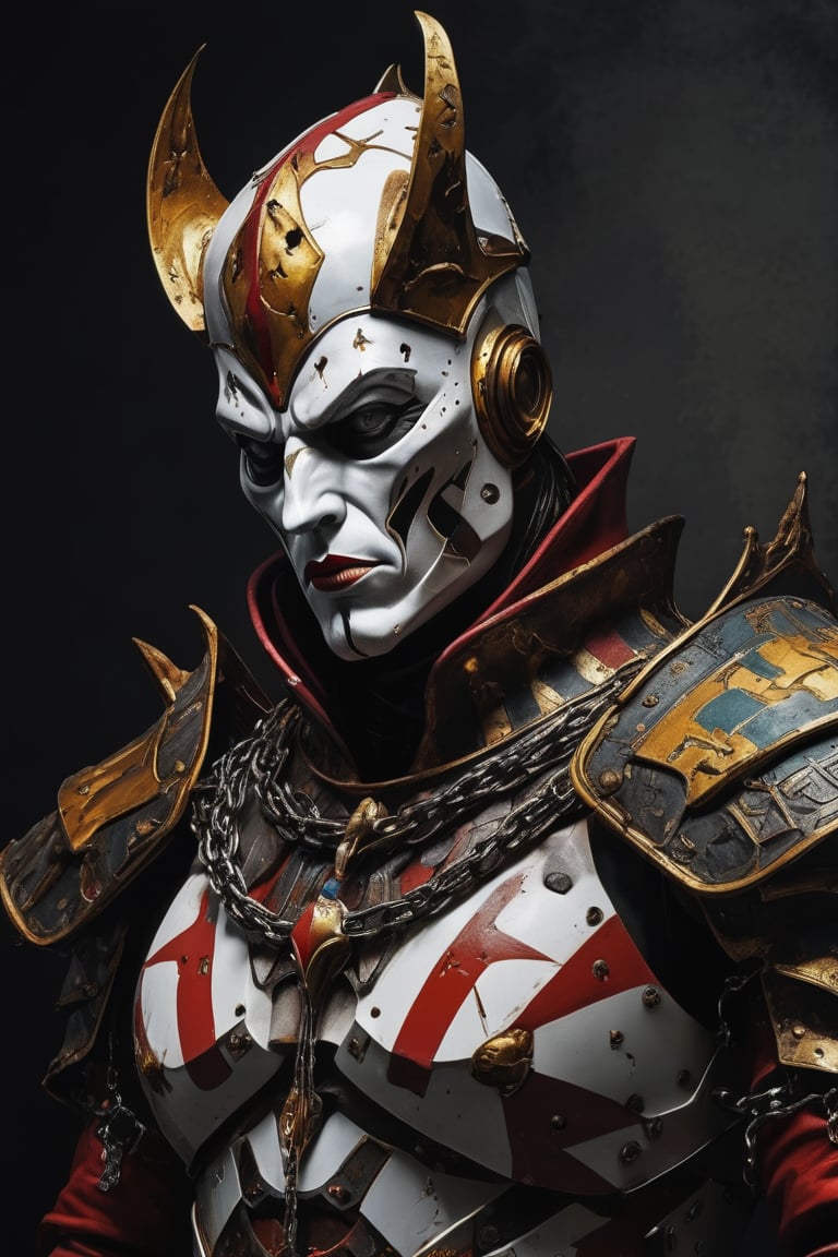 3D artwork,  upper body of a caracter represesenting a mighty style harlequin Eldar male robot with a high surreal white m...