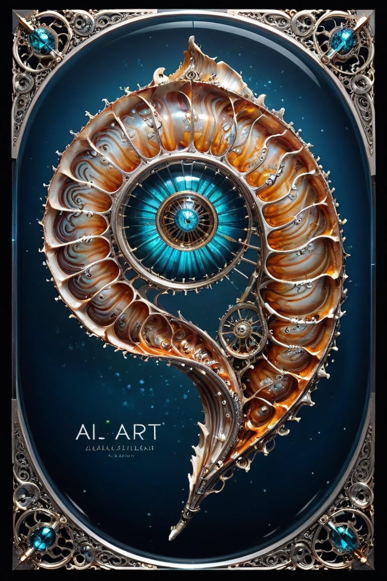 A 3D style artwork that shows (an amazing glass sea nautilus shell), (glass art:1.4), (trendwhore style:1.6), with the capital lettered (text "AI-ART":2) big dimensioned in the corner. Gradient background, sharp details. Dark filigree on background. Highest quality, detailed and intricate, original artwork, trendy, futuristic, award-winning. Bright colors, close shot, artint, make_3d,art_booster,crystalz,spstation