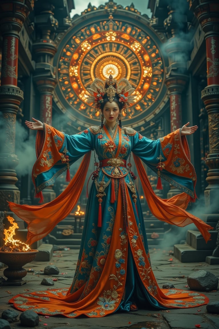 Full body shot, bottom view of a character standing in cinematic pose, open arms, representation of a (very tall:1.4) fantasy chinese goddess with the most sumptuous long wedding hanfu dress that completely covers the feet and is made of blue, and orange silk and richly (embroidered:1.2) with gold and silver threads, (wide sleeves:1.2), intricately carved golden (badges and tassels:1.2), golden crown, dark gothic temple background with a huge mandala (carved into the rock) on which are magical luminous symbols. Fire and flame and clouds of smoke. Oil painted by Greg Rutkowski. Stunning interpretive visual, gothic regal, colorful, realistic eyes, dreamy magical atmosphere, cinematic light, side lightings, Midjourneyart, Midjourney_Whisper