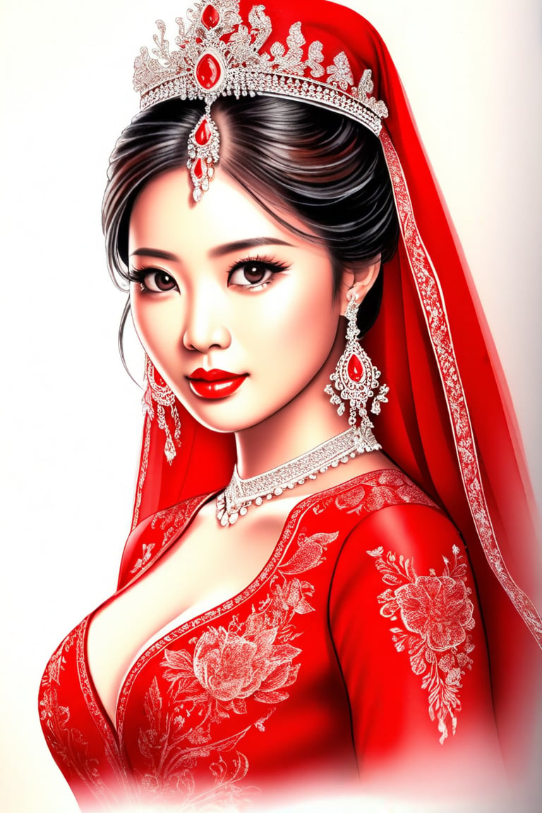 Dappled Light, photo portrait of a character, intricate (pencil sketch:1.5) of a vietnamese queen with the most sumptuous red wedding dress. Colorful, realistic eyes, dreamy magical atmosphere, cinematic light, side lighting